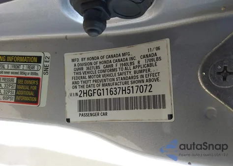 2007 Honda Civic Lx z USA, uszkodzony, nr VIN 2HGFG11637H517072